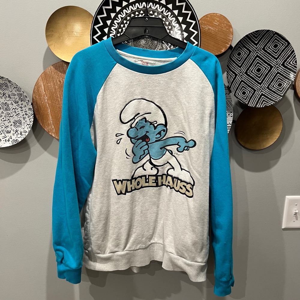 Whole Hauss Smurf Vintage Graphic Raglan Sweatshirt Grey Blue  Large